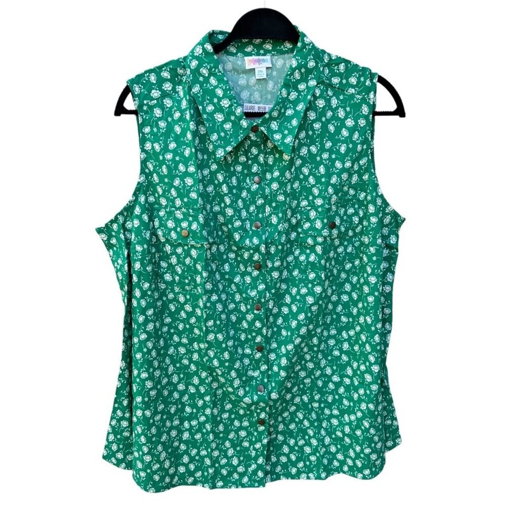 LuLaRoe Size 2XL Roxanne Green Floral Sleeveless Snap Front Collared Top ~ NWT